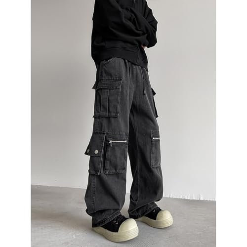Men's Multi-Pocket Cargo Jeans Baggy Straight-Leg Distressed Black Pants Y2k Hip-hop Harajuku Streetwear3