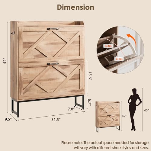 Image of Nicetree Shoe Cabinet with 2 Flip Drawers，Freestanding Shoe Storage Cabinet, Narrow Shoe Organizer Cabinet, Farmhouse Slim Shoe Rack Cabinet for Entryway, Oak with Hook