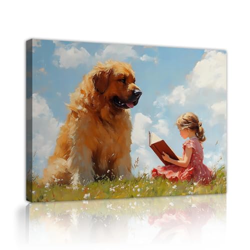 Toile art mural fille et chien cadre intérieur pour sublimer mur vide salon