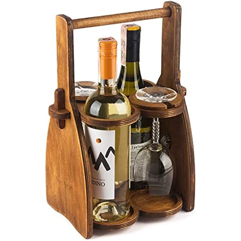 Wood Wine Bottle Glasses Caddy - Beer Carrier - Drinking Desk Accessories - Craft 4 Pack Bottle Case - Men's Wine Organizer - Glass Tray Holder - Wine Storage Stand - Drink Holder for Beer, for Wine Cover