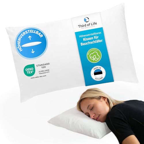 Third of Life Bauchschläferkissen, höhenverstellbares Kissen für Bauchschläfer mit Bezug aus weicher Bio-Baumwolle, flaches Kopfkissen 40x60 Maria...