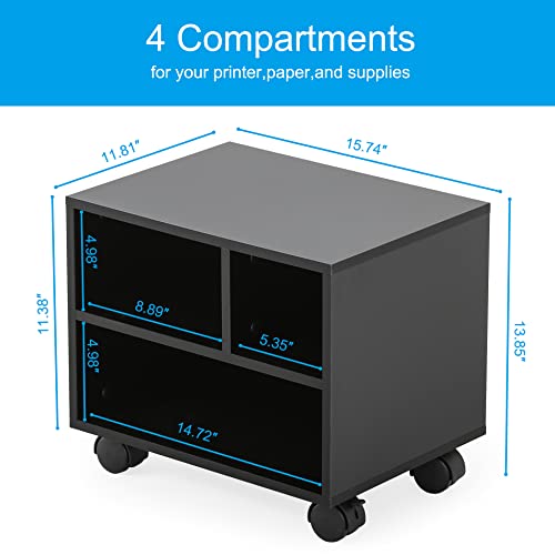 Fitueyes Mobile Printer Stand With Storage, Under Desk Black Wood Small Rolling Printer Table Work Cart With Wheels And 3 Compartment Organizer Spaces For Home Office, 15.7 X 11.8 X 13.8 #TOP4