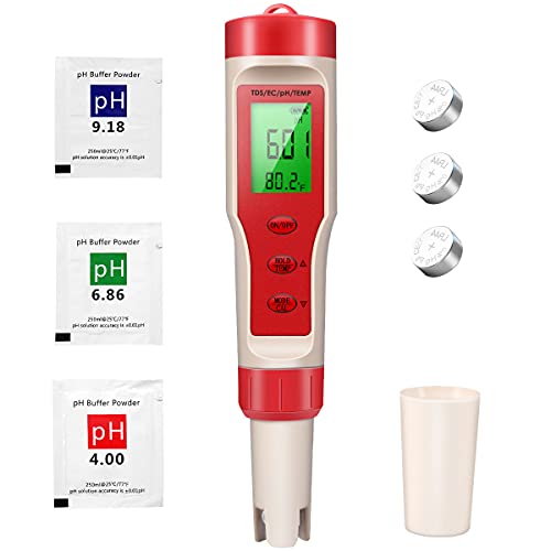 Digital pH Meter, 4 in 1 pH Meter with ATC, pH/TDS/EC/Temp Function, 0.01 Resolution High Accuracy 0-14.0 Range pH Tester, Pocket Size Water Quality Tester for Drinking Water, Spas and Aquariums