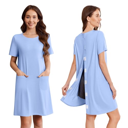 Image of Deyeek Open Back Hospital Gowns for Women Tear Away Short Sleeve Post Surgery Soft Nightgowns for Elderly Women with Pocket