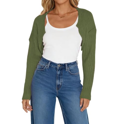 Image of Women Long Sleeve Open Front Ribbed Knit Crop Cardigan Solid Loose Drop Shoulder Shrug Bolero Crop Sweater Top