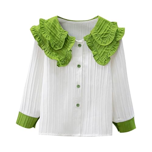 Girls Color Block Ruffle Big Collar Shirt Cute Button Down Long Sleeve Blouse Comfy Cotton Top for 3-13 Years