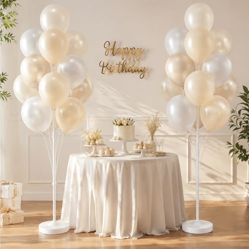 Image of Balloon Column Stand Kit,2 Sets of Assorted Rainbow Balloon Tower Pillar with 10inch Bright Color baloon Reusable Design for Grirls Party,Birthday, Wedding,Baby Shower (Pearl Ivory White)