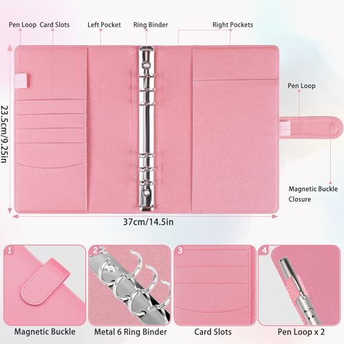 Image of Antner A5 Notebook Binder with 6 Ring Photocard Cover, PU Leather Refillable Budget Binder Loose Leaf Personal Organizer with Magnetic Buckle, Glitter Pink