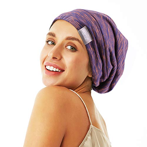 ELIHAIR Gorro de dormir para dormir de noche, gorro de satén con forro sedoso con banda elástica ajustable para mujeres y niñas, cubierta de cabello rizado y encrespado (violeta rosa regular)