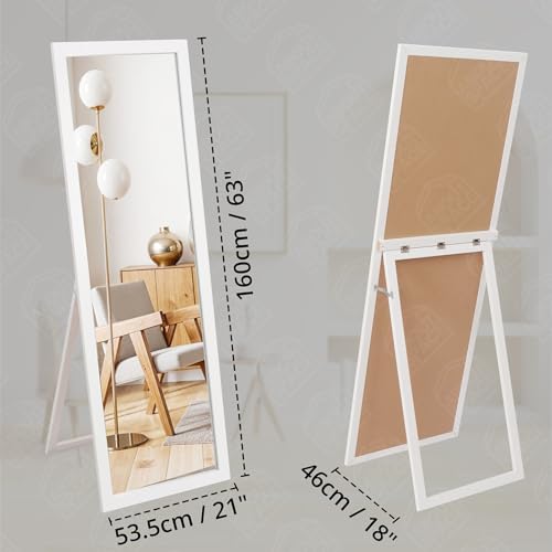 Image of ABOUT SPACE Cheval Mirror for Wall - 5 Feet Unbreakable Mirror for Bedroom | Full Length Tempered Glass with Stand Sturdy MDF Frame Vertical Display for Living Room, Bedroom - White