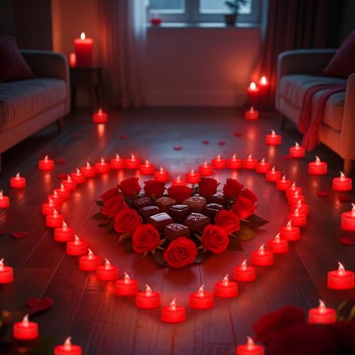 Image of Tea Lights Battery Operated Candles LED Tea Lights Flameless Candles 200+ Hours Flickering Fake Tealights for Sweetest Day Wedding Home Decorations Party (Red Base, 24 Pack)