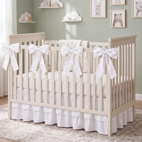 Image of Smoothnovelty White Crib Bed Skirts with 4 Large Cot Bow 28 inch x 52 inch,14 inch Drop