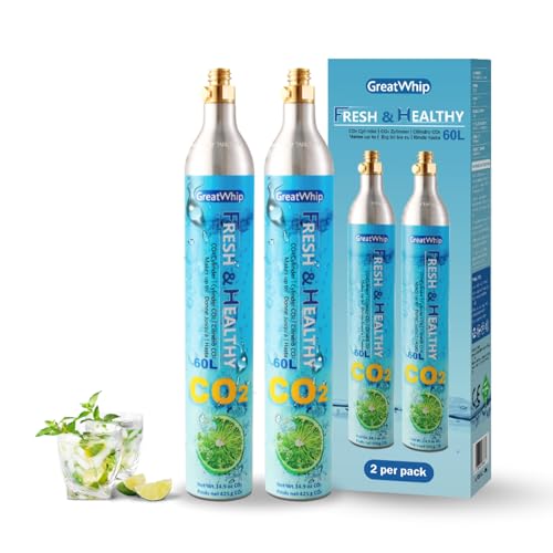 GreatWhip CO2 Zylinder 60L 425g – 2er Set mit Gewinde – für gängige Wassersprudler, SodaStream Schraubsystem & aarke – nicht kompatibel mit Quick Connect