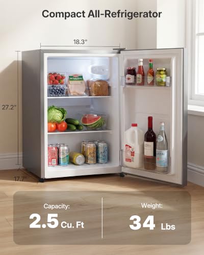 Image of Upstreman 2.5 Cu.Ft All-Refrigerator Mini Fridge, Single Door Small Refrigerator, Dorm Fridge with 7 Adjustable Thermostat, Compact Refrigerator for Office, Bedroom or Dorm, Silver-CR26