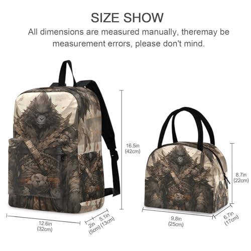 Backpack Lunch Box Set Large Capacity Travel Backpacks and Insulated Lunch Bag for Commute Hiking Picnic Gorilla Samurai Print2