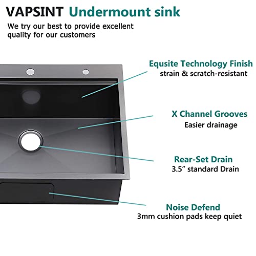 Vapsint 33 X 22 Inch Large Single Bowl Topmount Black Drop In Kitchen Sink,304 Workstation Stainless Steel Kitchen Sinks Deep Overmount Basin Sink With Grid,Drainer,Cutting Board And Colander #TOP4