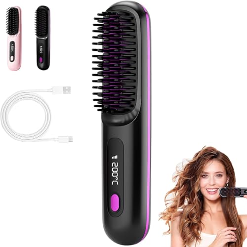 Glow Wave Heated Brush 2026 New Glow Wave Heated Brush for Short Hair USB Charging 3 Heat Settings with LED Display Portable Travel Styling Brushs for Smooth Frizz-Free Hair (BLACK)