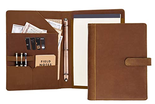 [Free Name Engraving] Vintage Leather Portfolio, Three Ring Binder Padfolio Case, Business Document Folio for Letter Size Notepad/Legal Pad (Custom)