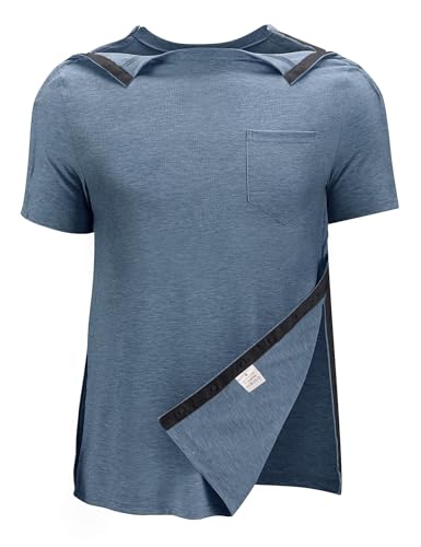 Poriff Men's Post Shoulder Surgery Recovery Shirts Full Tear Away Short Sleeve Snap Chemo Port Access Shirt3