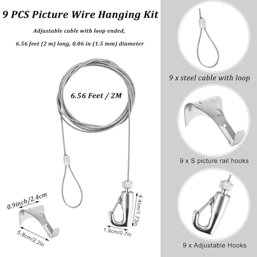 Image of Acrux7 9 PCS Picture Wire Hanging Kit, 6.6 Ft Stainless Steel Rope with Pictures Rail Hooks, Adjustable Picture Rail Hanging System for Pictures, Billboards, Basket, Flowerpot, Max Load 66LBS