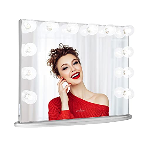 Impressions Hollywood Glow Plus Vanity Mirror with 12 Clear LED Bulbs and USB Ports, Tabletop or Wall Mount Makeup Mirror with Lights and Dimmer Switch for Bedroom Dressing Room (Silver)