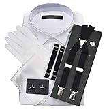 ウイングカラーシャツ 立ち襟 フォーマル小物 6点セット シングルカフス 新郎 父 モーニング タキシード 結婚式 披露宴 卒業式 始業式 チーフ（ホワイトプレーン） カフスボタン黒 サスペンダー黒 アームバンド黒 首39cm ゆき丈82cm