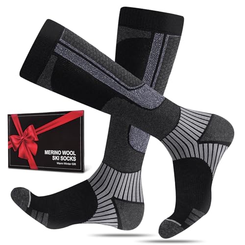 SukModen 2 Paar Skisocken aus Merinowolle für Herren Damen Jugendliche, Warme Merino Socken Thermosocken Dicke Wintersocken für Kaltes Wetter Skifahren Snowboarden Skistrümpfe Schwarz 43-46
