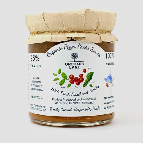 Orchard Lane Organic Arrabbiata Italian Tomato with Basil Pizza & Pasta Sauce (200g Glass Bottle) | No Added Sugar | Authentic No Preservatives or Chemicals | Medium Spice | Zero Plastic