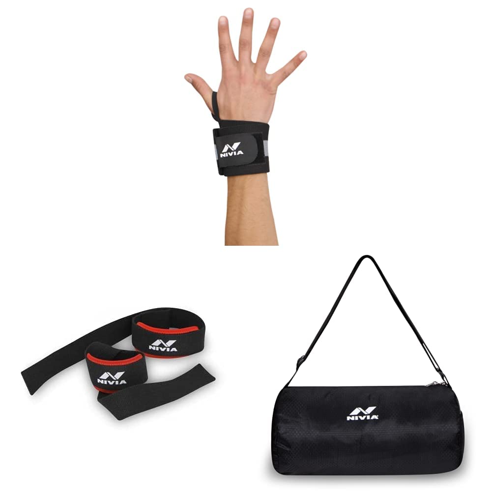 Nivia Weight Lifting Wrist Support (Free Size, Black) & 6853 Polyester Basic Duffle Bag, Youth (Black) & 11043 Neoprene Padded Weight Lifting Gym Bar Straps, Free Size (Black) (B09SSRWZF3) Amazon Price History, Amazon Price Tracker
