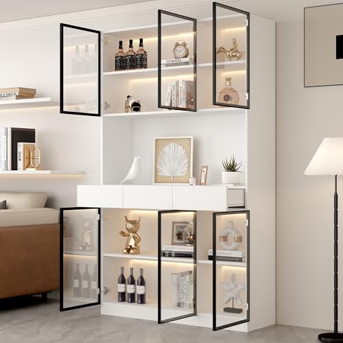 BENMWS Armario de cristal para puerta, 36 x 120 x 200 cm, blanco – marco de puerta negro, armario de vitrina, estantería de almacenamiento múltiple para colección, dormitorio, salón, oficina
