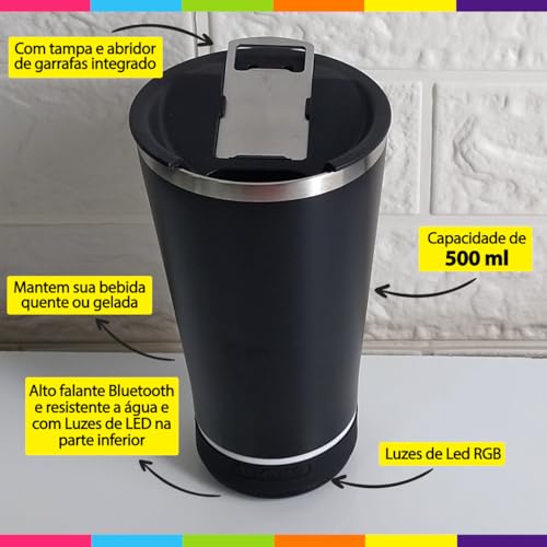 Copo Termico Inox 500 ml com com Alto Falante Bluetooth e Leds RGB Tampa Abridor de Cerveja (Preto)