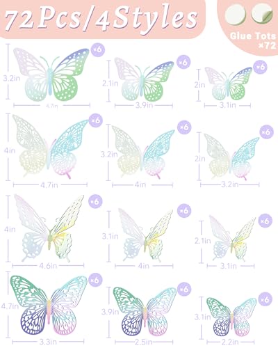 Image of 72Pcs 3D Butterfly Wall Decor, Laser Butterfly Decorations, 4 Styles 3 Sizes Removable Butterflies Room Decor Butterflies Wall Stickers for Birthday Party Garden Tea Cake Flower Decorations