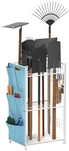 YBING Garden Tool Organizer for Corner, Yard Tool Stand with Side Storage Pockets, Yard Tower Rack for Garage Storage, Freestanding Tools Organizers and Storage for Shed, White