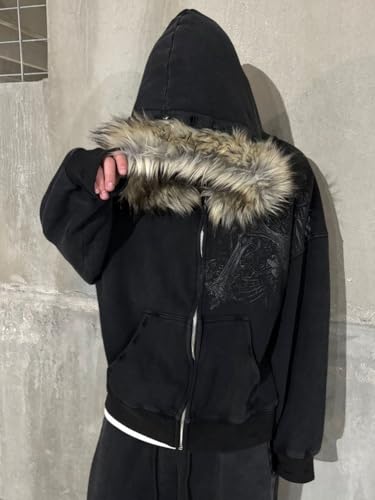 ORANDESIGNE Homme Sweat à Capuche Y2K Veste zippée avec Capuche en Fourrure Manteau d'hiver Chaud Streetwear A Noir S – vue 2