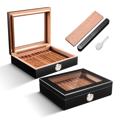 CLZOONG Cigar Humidors Spanish Cedar Elegant humidor with Hygrometer and Humidifier Cedar Wood Humidor Case Cigar Desktop Box Gifts for Men Hold 20-30 Cigars(Black)