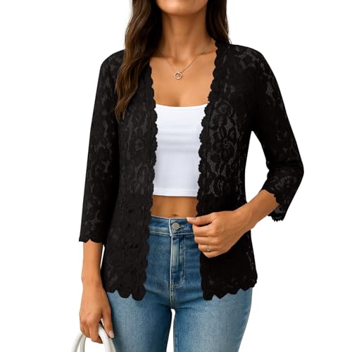 UOFOCO Womens Cardigan 3/4 Length Sleeve Lightweight Lace Open Front Cardigans Summer Casual Loose Fashion Tops Outifits2