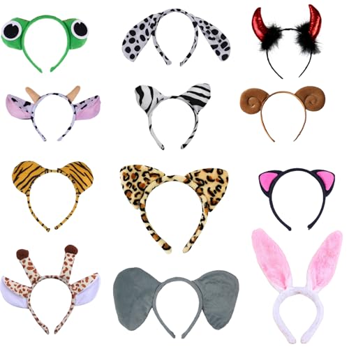 Xerteam 12Pcs Jungle Animal Ears Headbands Halloween Costume Animal Ears Headband Birthday Decorations Plush Jungle Safari Headbands as Party Photo Booth Props for Adults