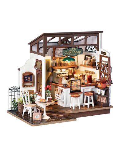 Rowood Coffee Miniature House Kit, Mother's Day DIY Miniature Dollhouse Kits for Adults to Build, Wooden Mini House Model Kits Adults Crafts with LED, Gift on Christmas Birthday for Family-NO.17 Cafe