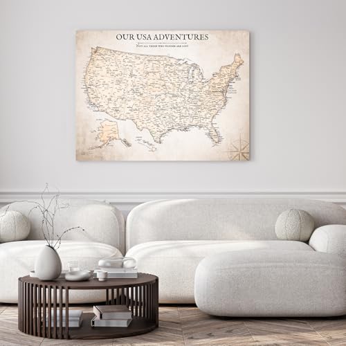Image of IPIC - Vintage USA Map Pin Board Canvas Wall Art, Travel Map with Pins Included, Ready to Hang for Home or Office 40x30 Inch