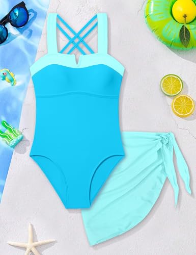 Image of Shallmu Girls One Piece Swimsuits Color Block Dual Crossback Straps with Cover Up Skirt Girl's Swimwear 9-16Y