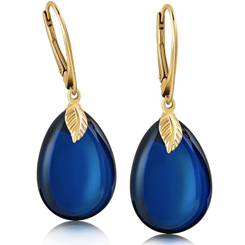 Blue Leverback Earrings for Women - Gold Plated Silver Leaf Fitting and Closure, Lightweight Edgy Semi-Precious Stone Jewelry for Ladies, Women's Earrings