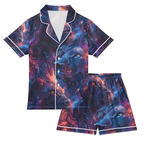 ALAZA Lion Starry Sky Galaxy Pajamas Satin Pajama Set Short Sleeve Button Down Sleepwear