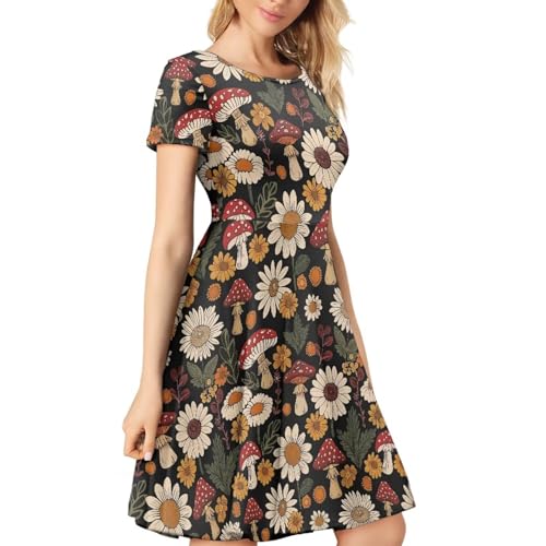 Image of HUGS IDEA Womens Puffy Swing Midi Dress Round Neck Short Sleeve Party A-Line Dresses