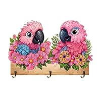 POETRYDRAW DIY 5D Diamond Art Painting Wall Hooks – Parrots Design Wooden Coat Rack with 3 Black Metal Hooks, Decorative Diamond Art Hanger for Bathroom, Entryway & Home Decor