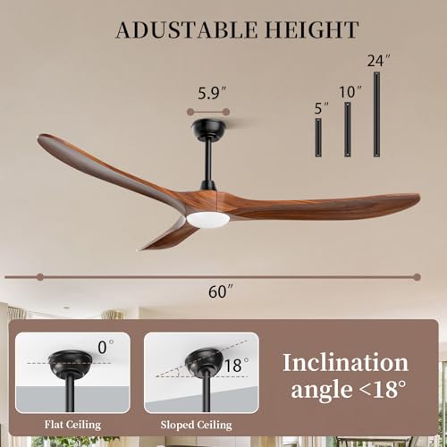 Image of Obabala 60 inch Outdoor Ceiling Fan with Light and Remote, Solid Wood 3-Blade Ceiling Fan with DC Motor for Patio and Farmhouse, Dark Walnut