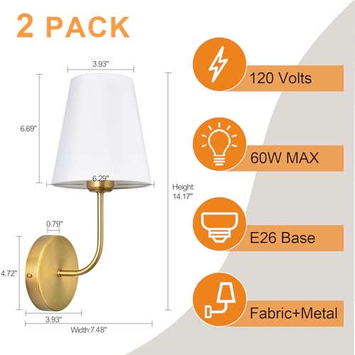 Image of Antique Brass Hardwired Wall Sconce Set of 2 - Gold Finish with White Fabric Shades，Bedroom Lighting, Living Room, Farmhouse, Fireplace, Hallway, Bedside Lamp,Bathroom Wall Lights