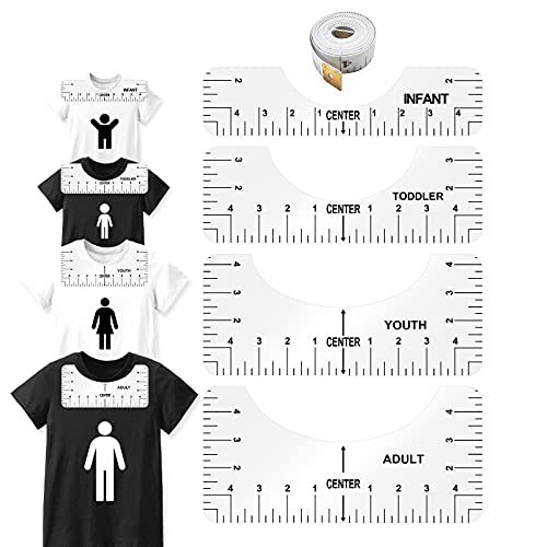 Loyewellr Tshirt Ruler Guide, Tshirt Alignment Ruler, 4 Size T-Shirt Rulers and a Soft Measuring Tape for Adult Youth Toddler Infant, White Tshirt Ruler Guide for Vinyl Alignment for Custom Design