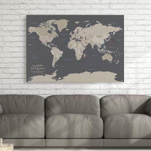 Image of Earth Tone World Map with Pins - Extra Large Personalized Canvas Push Pin Map - Framed World Travel Wall Decor - Gallery Wrap - 34 inch x 51 inch