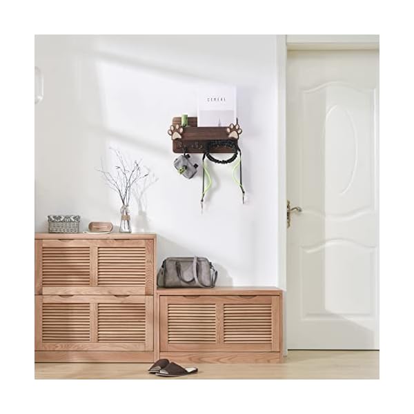 Hirusticate-Wood-Dog-Leash-Holder-for-Wall-with-4-Brass-Hooks-for-Dog-Collar-Pet-Treats-as-Key-and-Mail-Holder-for-Wall-Dog-Poop-Bag-Holder-Coat-Rack-Wall-MountBrown Stylish Hirusticate Wood Dog Leash Holder with Brass Hooks | Pet Organization