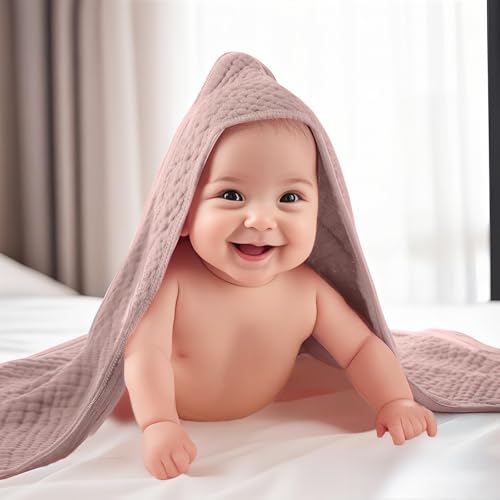 Image of VitalCozy 12 Pcs Baby Muslin Hooded Bath Towels and Washcloths, Muslin Hooded Baby Towels Absorbent Blankets for Gift Newborn Infant Shower (Pastel)
